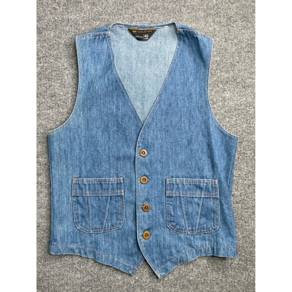 JCPenney Denim Vest Mens 40 Long Blue Vintage Button Front Pockets 626-4759‎